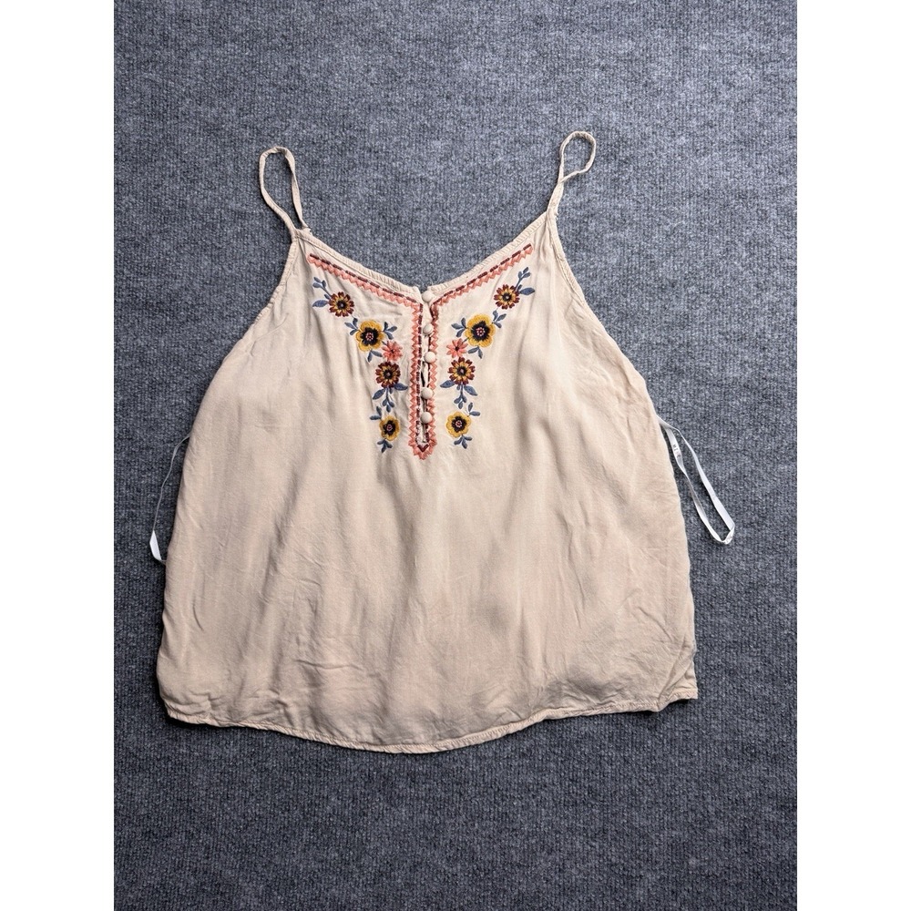 Mine Floral Embroidered Boho Cami Top Size Large Adjustable Straps Beige